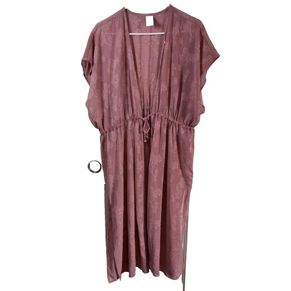 Time & Tru Pink Floral Laced Tie Front Long Lined Duster Kimono Cover Up Sz M - Picture 1 of 8